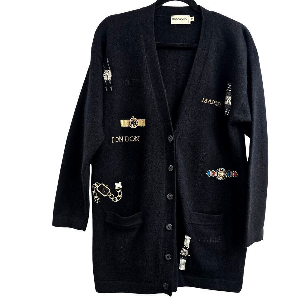 Magnolia Womens Wool Angora Cardigan Sweater M Black Embroidered ArtToWear Luxuy